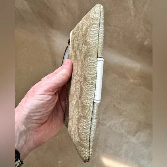 Coach Corner Zip Wristlet in Tan Signature Canvas & Cream Trim Wristlet 6” by 4” - Picture 4 of 6